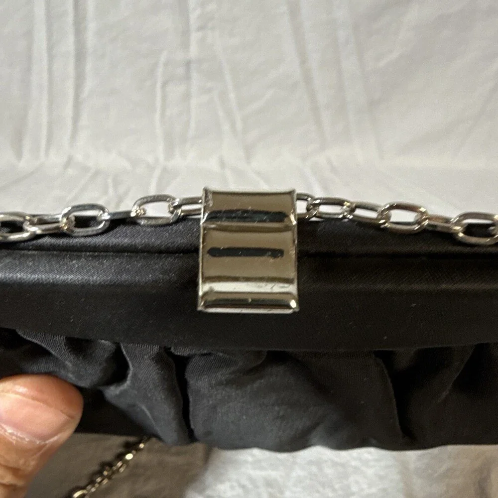 Vintage Admiral 1950s Black Satin Evening Clutch with Silver Chain Strap